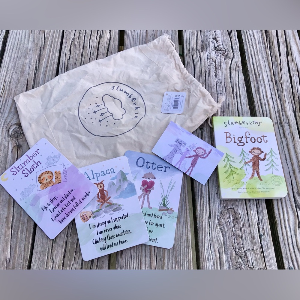 SLUMBERKINS Lot Bigfoot Board Book Enrichment Cards Logo Canvas Cinch Bag Tote